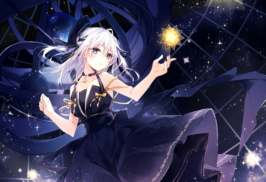 1girl bangs bare_arms bare_shoulders black_bow black_dress blush bow collarbone commentary_request dress eyebrows_visible_through_hair glowing hair_between_eyes hair_bow hands_up highres long_hair looking_at_viewer mochizuki_shiina original parted_lips pleated_dress sleeveless sleeveless_dress solo violet_eyes white_hair