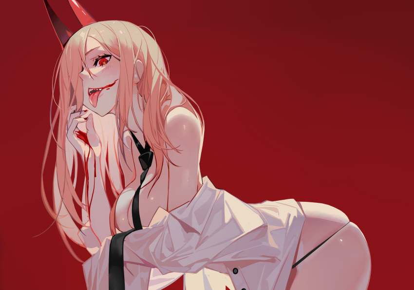 +_+ 1girl absurdres bangs bent_over black_neckwear black_panties blonde_hair blood blood_on_face blood_on_hands blush breasts chainsaw_man convenient_censoring convenient_neckwear cowboy_shot demon_horns dress_shirt eyelashes grandia_lee hair_between_eyes hair_over_breasts hair_over_one_breast hair_over_one_eye highres horns long_hair looking_at_viewer medium_breasts nail_polish necktie no_bra off_shoulder open_clothes open_mouth open_shirt panties parted_bangs partially_undressed power_(chainsaw_man) red_background red_eyes red_nails sharp_teeth shirt simple_background skindentation solo teeth tongue tongue_out underwear white_shirt