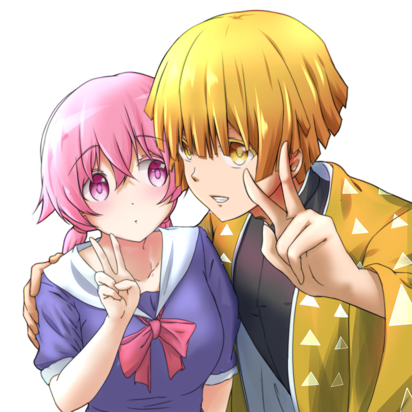 1boy 1girl absurdres agatsuma_zenitsu bangs black_jacket blonde_hair blush collarbone crossover eyebrows_visible_through_hair gasai_yuno hand_on_another's_shoulder highres jacket japanese_clothes kimetsu_no_yaiba kimono mirai_nikki namesake open_clothes open_kimono picokwan pink_eyes pink_hair sailor_collar simple_background triangle_print v white_background yellow_eyes