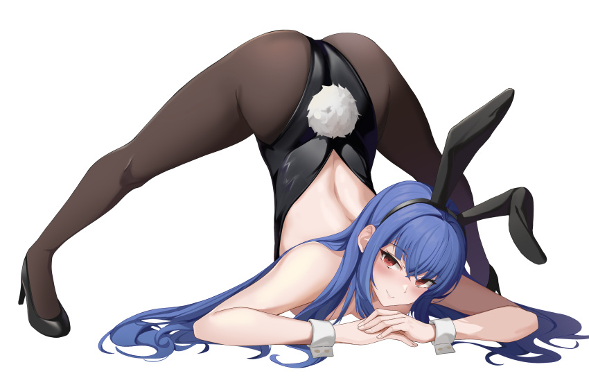 1girl absurdres animal_ears arm_rest artist_request ass back backless_leotard bare_shoulders black_footwear black_leotard blue_hair breasts brown_legwear commission fake_animal_ears fake_tail hairband high_heels highres jack-o'_challenge leotard long_hair looking_at_viewer original own_hands_together pantyhose playboy_bunny rabbit_ears rabbit_tail red_eyes sidelocks simple_background small_breasts smile solo strapless strapless_leotard tail top-down_bottom-up very_long_hair white_background wide_spread_legs wrist_cuffs