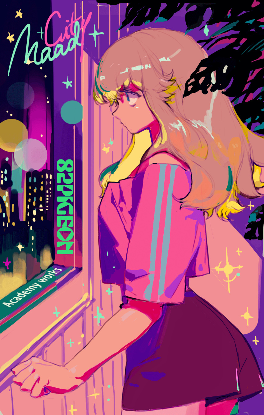 1girl blonde_hair blue_eyes closed_mouth cowboy_shot from_side highres indoors long_hair off-shoulder_shirt off_shoulder original pigeon666 pink_shirt profile red_shorts shirt short_shorts shorts solo standing window