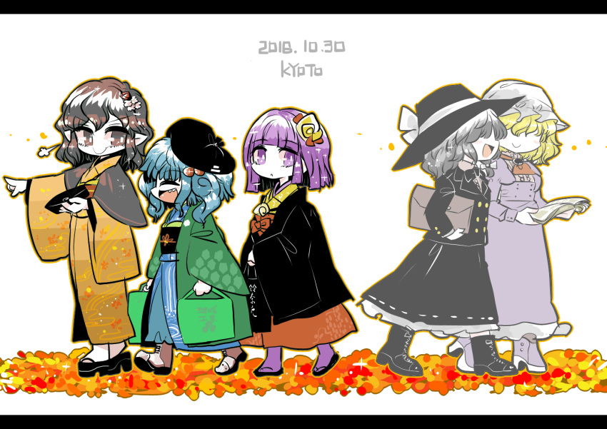 5girls alternate_costume alternate_headwear autumn autumn_leaves bag beret boots fedora from_side hat hieda_no_akyuu holding holding_bag japanese_clothes kawashiro_nitori kimono kyoto maribel_hearn mob_cap multiple_girls newspaper sandals shameimaru_aya touhou usami_renko walking winter_clothes yt_(wai-tei) yukata