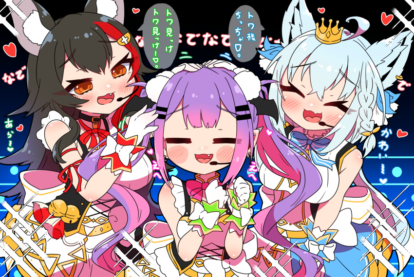 :3 =_= ^_^ animal_ears bare_shoulders blush blush_stickers bow_skirt chibi closed_eyes fang fox_ears fox_girl gloves headpat headset highres hololive hololive_idol_uniform idol idol_clothes layered_skirt looking_at_another miniskirt official_alternate_costume ookami_mio sakuramochi_(sakura_frappe) shirakami_fubuki skin_fang skirt skirt_set sleeveless tokoyami_towa translation_request virtual_youtuber white_gloves white_skirt wolf_ears wolf_girl wrist_cuffs