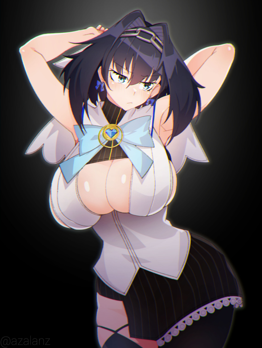 1girl absurdres armpits arms_behind_head black_background black_hair blue_eyes bow bow_earrings breasts chain closed_mouth clothing_cutout earrings eyebrows_visible_through_hair hair_between_eyes highres hololive hololive_english jewelry large_breasts looking_to_the_side ouro_kronii short_hair simple_background solo tilt-shift under_boob underboob_cutout virtual_youtuber
