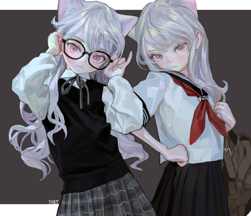 2girls animal_ears bag black_skirt cat_ears collared_shirt cowboy_shot fkey glasses grey_ribbon highres long_sleeves looking_at_viewer multiple_girls neck_ribbon neckerchief original pink_eyes pleated_skirt red_neckwear ribbon sailor_collar school_bag school_uniform shirt signature silver_hair skirt sweater_vest two-tone_background wavy_hair