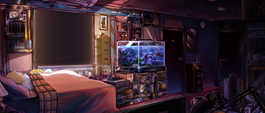 1girl absurdres bed blinds character_doll clock coffee_mug cup door fish_tank gawr_gura highres hololive hololive_english indoors microphone mug nintendo_switch on_bed portrait_(object) room sleeping solo virtual_youtuber vyragami wall_clock watson_amelia