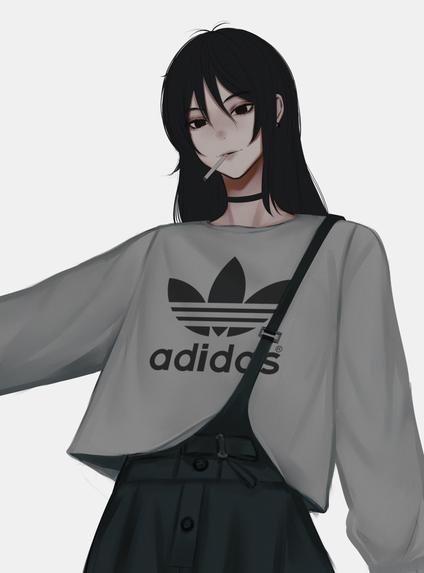 1girl adidas arm_up black_hair black_neckwear buttons cigarette eyebrows eyebrows_visible_through_hair green_pants grey_shirt highres lips looking_at_viewer neckwear original overalls pants shirt simple_background white_background zaki_(zaki_btw)