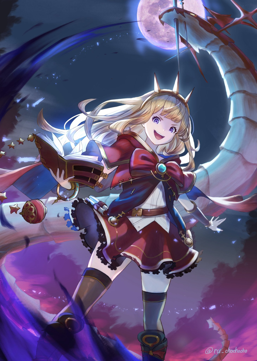 1girl black_footwear black_legwear blonde_hair book boots bracer cagliostro_(granblue_fantasy) cape crown dragon granblue_fantasy hairband highres holding holding_book long_hair looking_at_viewer moon night night_sky open_mouth red_skirt ru_chochocho skindentation skirt sky smile solo spiked_hairband spikes thigh-highs tiara violet_eyes