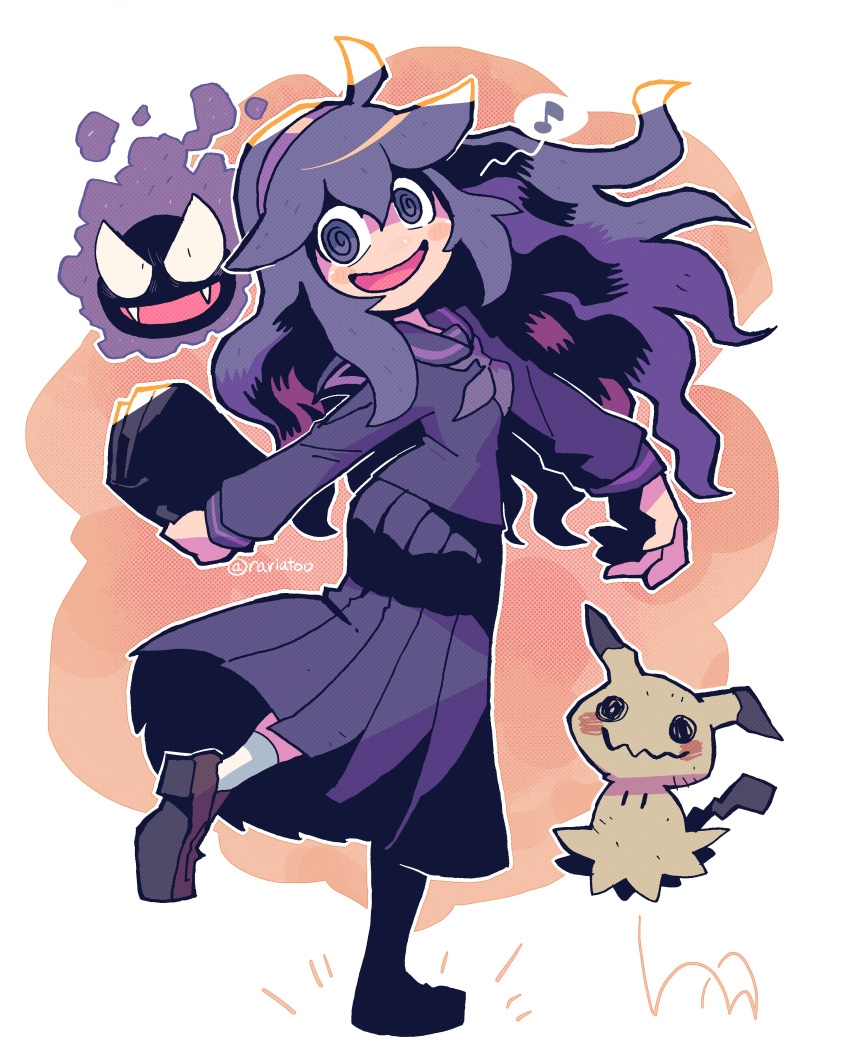 1girl :d @_@ absurdres book dress fangs gastly gen_1_pokemon gen_7_pokemon hex_maniac_(pokemon) highres leg_up looking_at_viewer mimikyu musical_note open_mouth pleated_dress pokemon pokemon_(creature) pokemon_(game) pokemon_xy purple_hair rariatto_(ganguri) school_uniform shoes smile socks spoken_musical_note standing standing_on_one_leg twitter_username violet_eyes wavy_hair