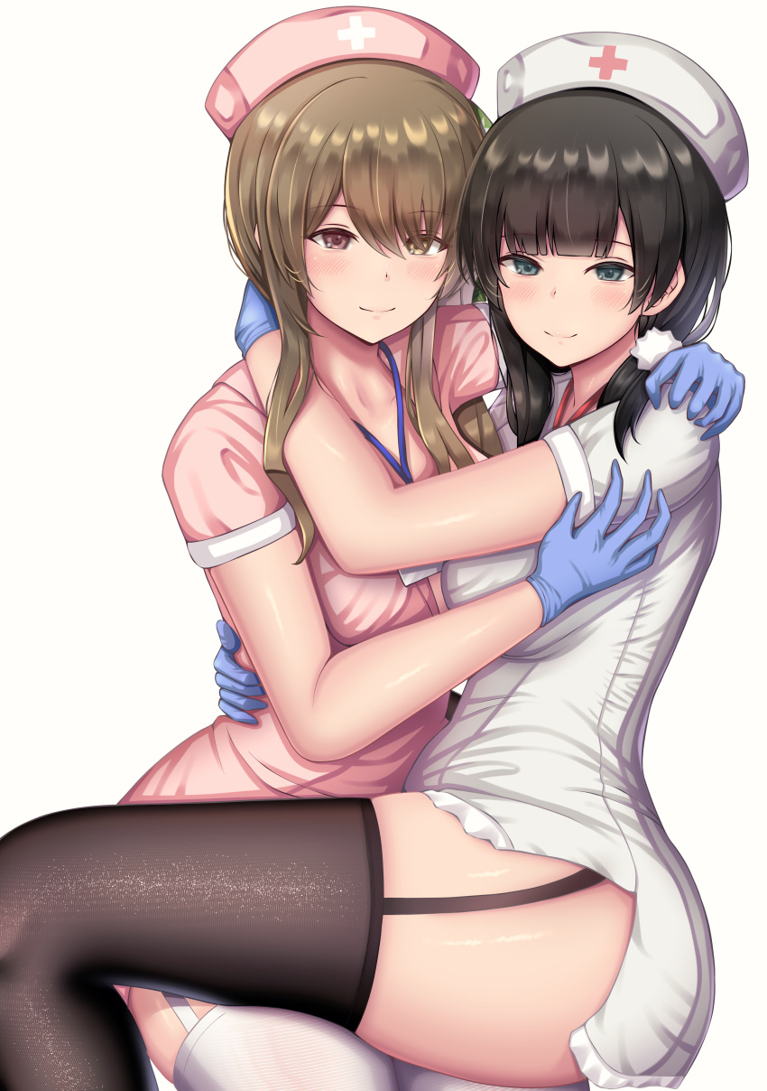 2girls absurdres assault_lily bangs beige_background black_hair black_legwear blue_gloves blunt_bangs blush breasts brown_eyes brown_hair chin_gero closed_mouth eyebrows_visible_through_hair garter_straps gloves green_eyes hat heterochromia highres hug kuo_shenlin large_breasts looking_at_viewer multiple_girls nurse nurse_cap pink_headwear short_sleeves simple_background smile thighs wang_yujia white_headwear white_legwear yellow_eyes