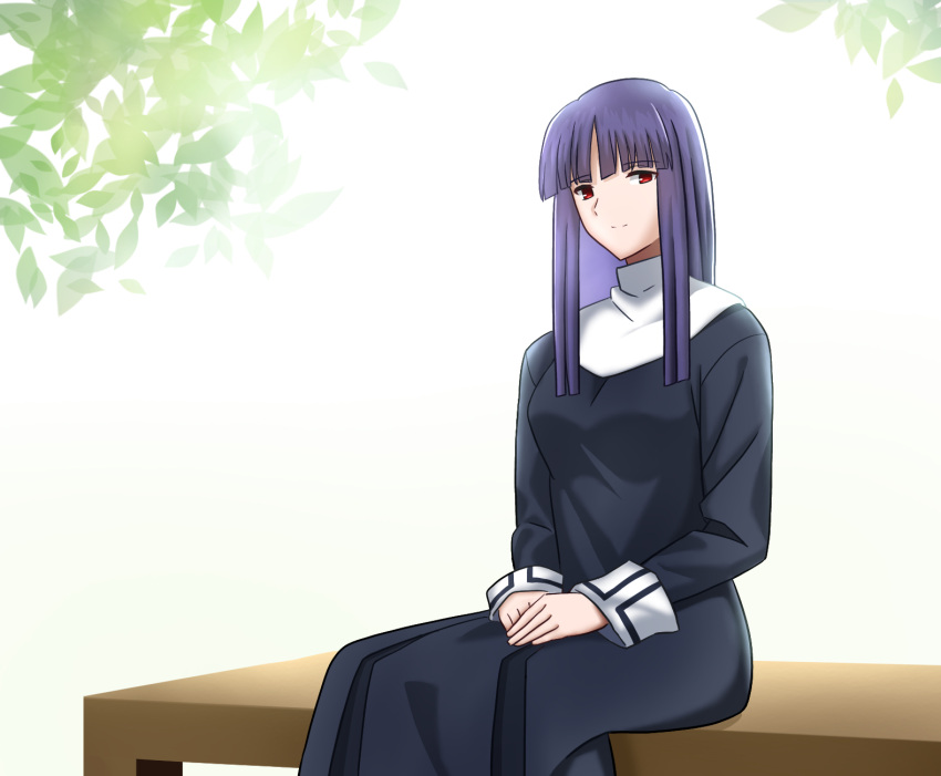 1girl asagami_fujino bangs black_dress blunt_bangs breasts closed_mouth commentary_request dress eyebrows_visible_through_hair hands_together highres kara_no_kyoukai light_smile long_hair long_sleeves looking_at_viewer medium_breasts neckerchief outdoors plant purple_hair red_eyes reien_girl's_academy_uniform rio0237 school_uniform sidelocks sitting smile solo straight_hair uniform white_neckwear wooden_bench