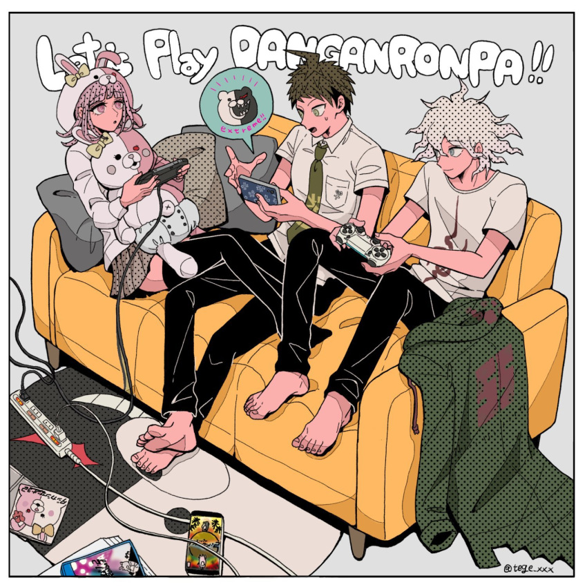 1girl 2boys :o ahoge album_cover alternate_costume animal_ears bangs barefoot black_pants bow breast_pocket brown_eyes brown_hair brown_skirt buttons cable collared_shirt commentary_request controller copyright_name cosplay couch cover dangan_ronpa_(series) dangan_ronpa_2:_goodbye_despair diaper double-breasted ear_bow fake_animal_ears flipped_hair game_console game_controller game_cover green_jacket green_neckwear grey_hair halftone halftone_background handheld_game_console hands_up highres hinata_hajime holding holding_controller holding_phone hood hood_up jacket jacket_removed komaeda_nagito long_sleeves lying medium_hair miniskirt monokuma monomi_(dangan_ronpa) monomi_(dangan_ronpa)_(cosplay) multiple_boys nanami_chiaki necktie no_shoes number on_couch orange_bow pants phone pillow pink_hair playing_games playstation_controller playstation_portable pocket print_shirt rabbit_ears shirt short_hair short_sleeves skirt smile speech_bubble tege_(tege_xxx) thigh-highs white_shirt