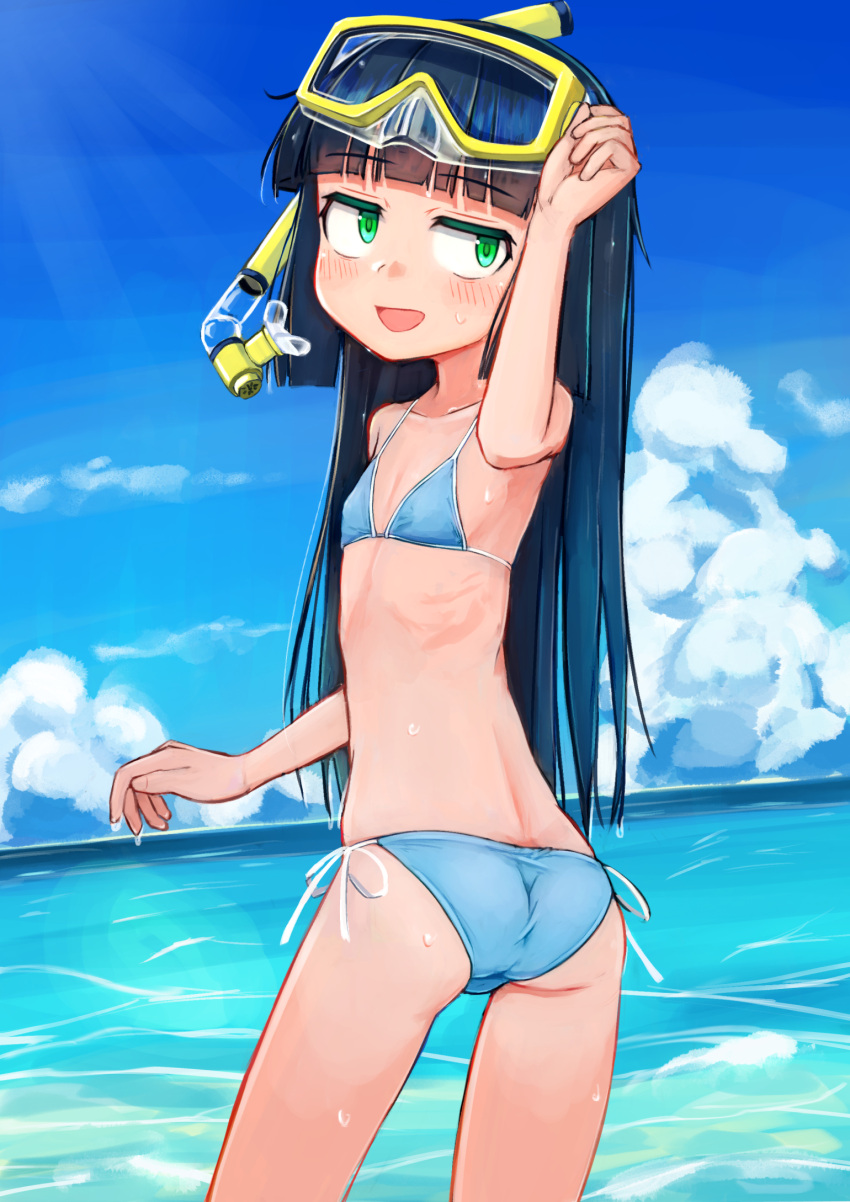 1girl arm_up ass bangs beach bikini black_hair blue_bikini blunt_bangs breasts clouds from_behind goggles goggles_on_head green_eyes highres long_hair looking_at_viewer looking_back ocean open_mouth original outdoors santyoku side-tie_bikini sky small_breasts smile snorkel solo swimsuit thighs