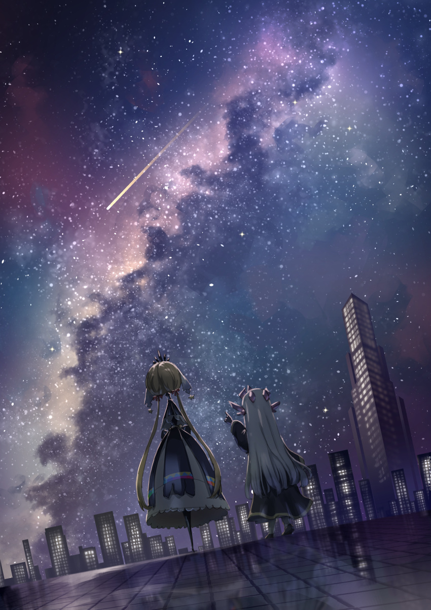 2girls absurdres blonde_hair building from_behind highres long_hair low_twintails milky_way multiple_girls okame_nin original outdoors pointing reflection reflective_floor shooting_star skirt sky skyline skyscraper standing star_(sky) starry_sky twintails white_hair white_skirt