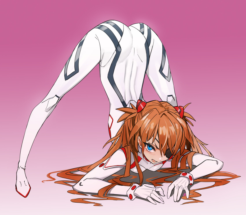 1girl absurdres arm_rest ass bangs blue_eyes blush bodysuit breasts flexible guilty_gear guilty_gear_strive hairpods hands_on_ground highres jack-o'_challenge kiritzugu long_hair looking_at_viewer medium_breasts meme neon_genesis_evangelion open_mouth orange_hair plugsuit pose solo souryuu_asuka_langley spread_legs stretch top-down_bottom-up white_bodysuit wide_spread_legs