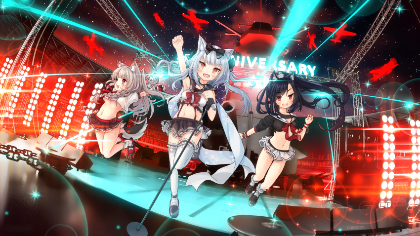 3girls absurdres animal_ear_fluff animal_ears arm_up azur_lane belt black_footwear black_hair black_skirt breasts cat_ears comodomodo cropped_shirt eyebrows_visible_through_hair fang fox_ears frilled_legwear frilled_skirt frills grey_hair highres holding holding_microphone jumping layered_skirt long_hair microphone microphone_stand microskirt midriff miniskirt multiple_girls open_mouth orange_eyes paw_pose pleated_skirt red_belt red_eyes red_footwear red_ribbon ribbon shigure_(azur_lane) shirt shoes skin_fang skirt small_breasts socks stage stage_lights tail thigh-highs under_boob white_hair white_legwear white_shirt white_skirt wolf_tail yukikaze_(azur_lane) yuudachi_(azur_lane)