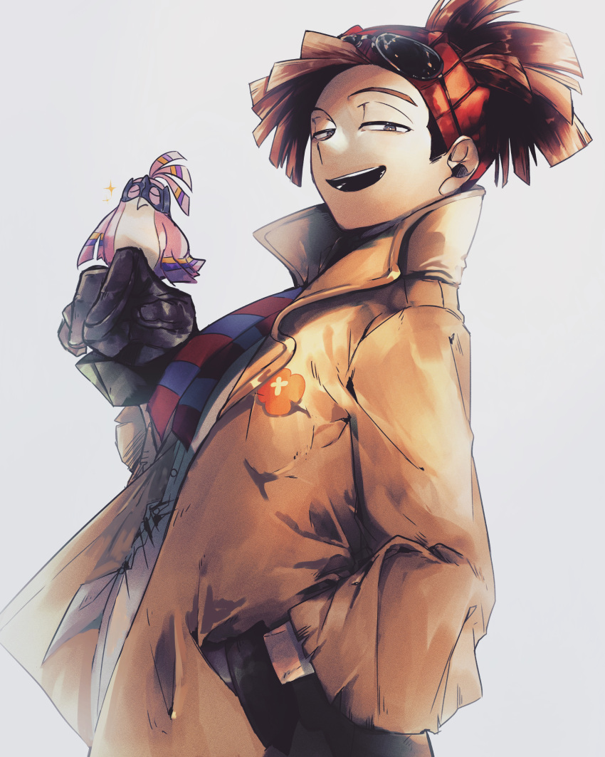 1boy 1other :d absurdres bandana bird bird_on_hand blue_neckwear boku_no_hero_academia brown_hair clover_print coat eyewear_on_head gloves grey_eyes hand_in_pocket highres looking_at_viewer male_focus mask multicolored_neckwear nakawo_777 necktie open_mouth pino red_neckwear rody_soul shirt simple_background smile solo sparkle spiky_hair standing sunglasses teeth white_background white_shirt
