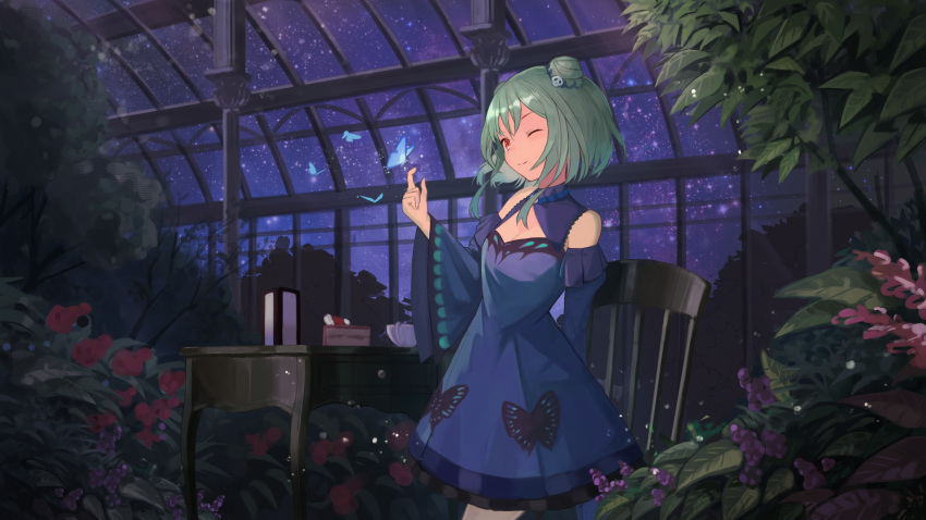 1girl ;) bangs bare_shoulders blue_dress bug butterfly chair cup desk detached_sleeves double_bun dress flower garden green_hair greenhouse hair_ornament hair_ribbon highres hololive indoors insect long_sleeves night night_sky one_eye_closed plant red_eyes ribbon short_dress short_hair sino_(oyasumi_hf) skull_hair_ornament sky smile solo standing star_(sky) starry_sky teacup tree uruha_rushia virtual_youtuber window