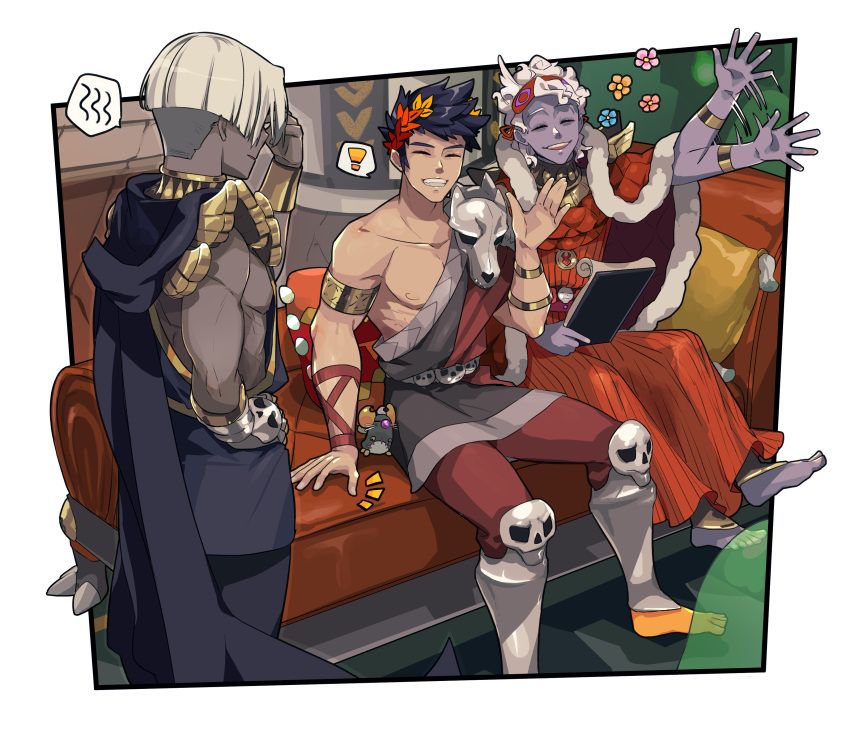 ! 3boys ^_^ absurdres barefoot belt black_hair cloak closed_eyes couch dark-skinned_male dark_skin flower_(symbol) greek_clothes grin hades_(game) hand_on_hip hand_on_own_face highres hood hood_down hypnos_(hades) laurel_crown leggings male_focus mask mask_on_head multiple_boys open_mouth pillow single_bare_shoulder sitting skull sleep_mask smile spoken_exclamation_mark spoken_squiggle squiggle thanatos_(hades) tia_(cocorosso) waving white_hair zagreus_(hades)