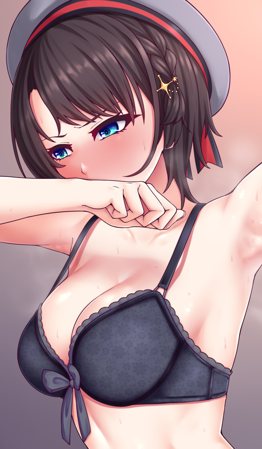 1girl absurdres arm_up armpits bangs black_hair blue_eyes blush bra braid breasts covering_mouth french_braid front-tie_bra grey_headwear hair_ornament hairclip hat highres hololive lace-trimmed_bra lace_trim large_breasts lingerie looking_at_viewer oozora_subaru sailor_hat short_hair solo sweat swept_bangs underwear virtual_youtuber zellam