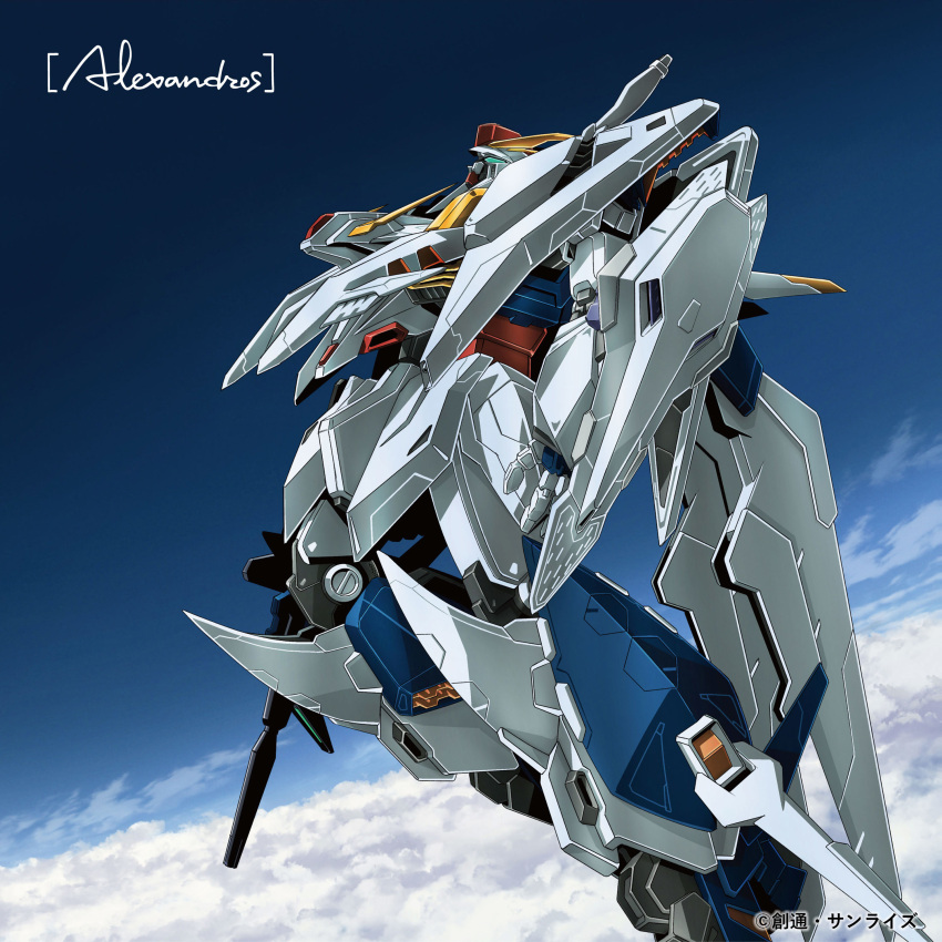 absurdres album_cover beam_rifle clouds cloudy_sky cover energy_gun english_text flying green_eyes group_name gundam gundam_hathaway's_flash highres mecha mobile_suit nakatani_seiichi no_humans official_art science_fiction shield sky solo weapon xi_gundam