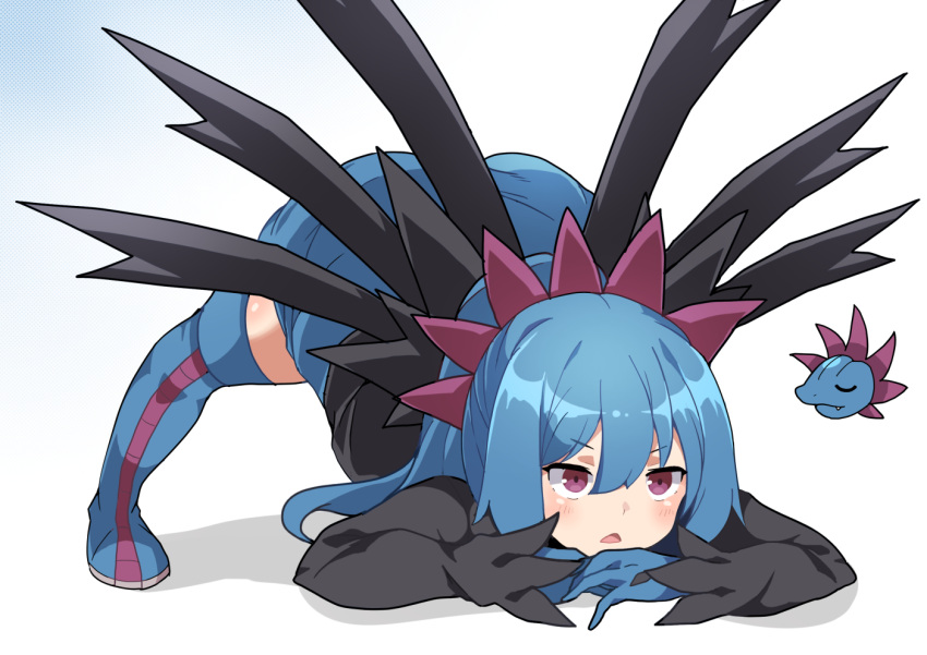 1girl bangs blue_footwear blue_gloves blue_hair blue_skirt blush boots chibi chibi_inset commentary_request gen_5_pokemon gloves hair_between_eyes hair_ornament hydreigon jack-o'_challenge long_hair maks_(makusu_210) open_mouth personification pokemon shiny shiny_hair skirt thigh-highs thigh_boots tongue violet_eyes