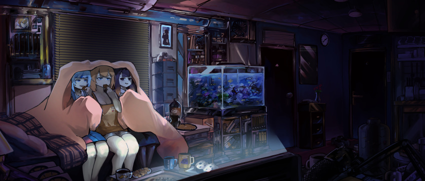3girls absurdres air_conditioner bed blanket blinds blonde_hair blue_hair bottle bubba_(watson_amelia) cabinet character_print clock coffee_mug cookie cup door eating fang fish_tank food gawr_gura highres hololive hololive_english indoors microphone mole mole_under_eye mug multiple_girls mustache_print ninomae_ina'nis on_bed pizza_box portrait_(object) purple_hair room sharp_teeth shoes sitting sitting_on_bed smirk soda_bottle tako_(ninomae_ina'nis) teeth tentacle_hair virtual_youtuber vyragami wall_clock watson_amelia