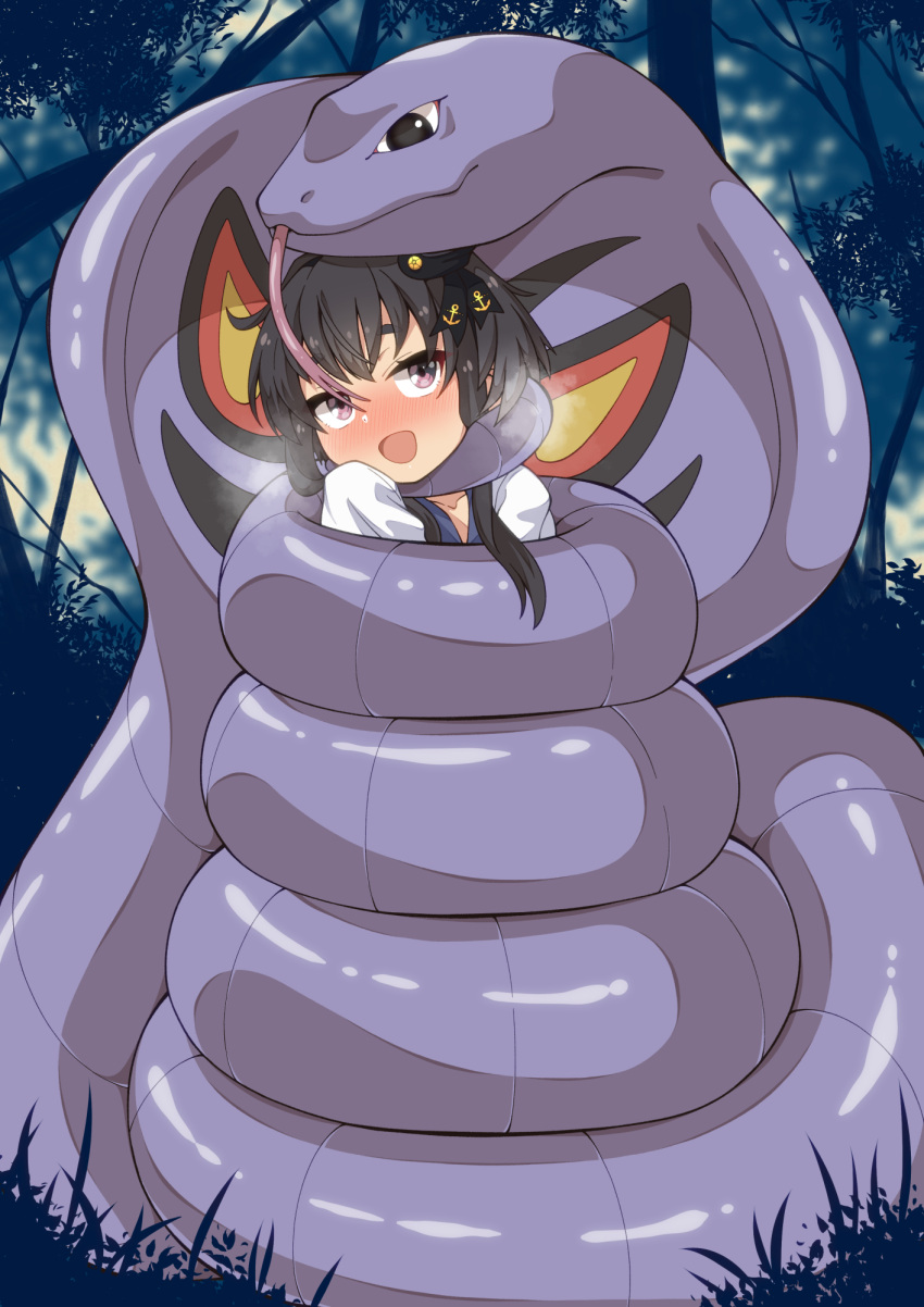 1girl anchor_symbol arbok bangs black_hair blush bound breath commission constriction crossover forest gen_1_pokemon grey_hair hat highres iori_4kagetsu kantai_collection mini_hat multicolored_hair nature open_mouth outdoors pokemon pokemon_(creature) short_hair_with_long_locks skeb_commission tokitsukaze_(kancolle) tongue tree violet_eyes