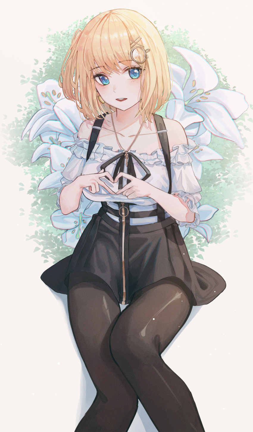 1girl absurdres bangs black_skirt blonde_hair blue_eyes breasts brown_legwear commentary domi_(hongsung0819) eyebrows_visible_through_hair feet_out_of_frame flower frilled_shirt frills hair_ornament hairclip heart heart_hands high-waist_skirt highres hololive key_necklace large_breasts looking_at_viewer medium_hair monocle_hair_ornament off-shoulder_shirt off_shoulder official_alternate_costume one_side_up pantyhose parted_lips shirt short_sleeves sitting skirt smile solo suspender_skirt suspenders upper_teeth virtual_youtuber watson_amelia white_background white_flower white_shirt zipper_skirt