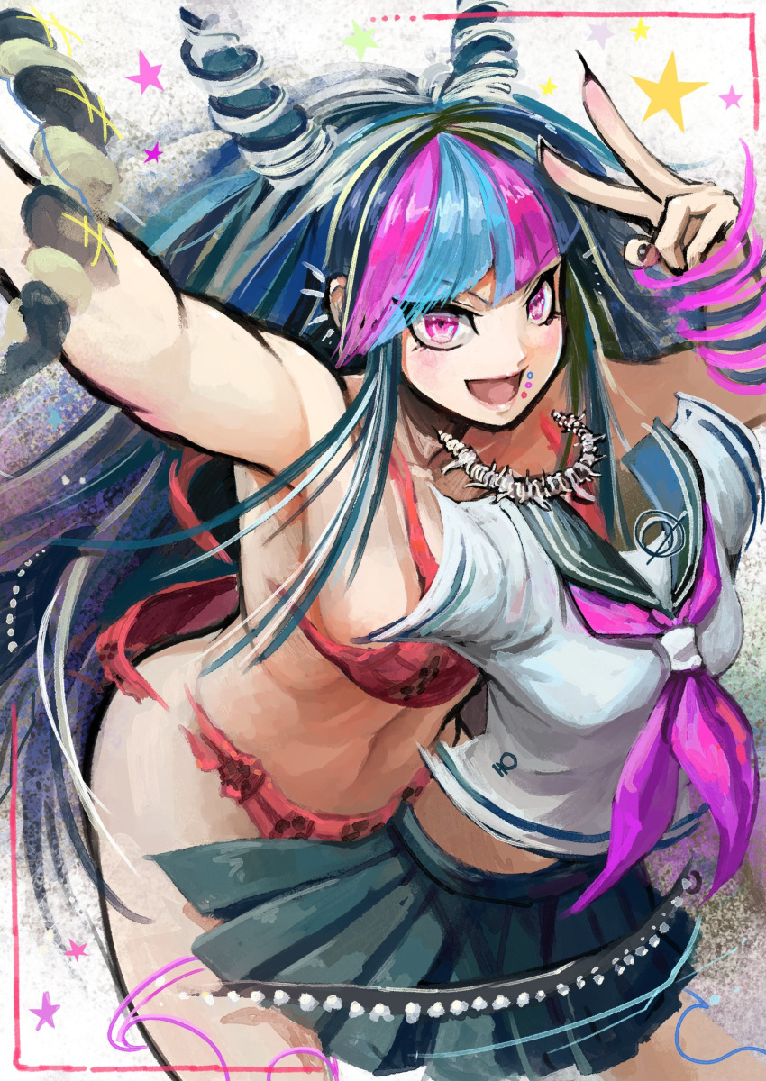 1girl :d arm_up bangs black_hair black_nails black_sailor_collar blue_hair bra breasts dangan_ronpa_(series) dangan_ronpa_2:_goodbye_despair ear_piercing fingernails hair_horns hand_up highres jewelry large_breasts long_fingernails long_fingers long_hair looking_at_viewer mioda_ibuki multicolored multicolored_background multicolored_hair necklace open_mouth panties piercing pink_eyes pink_hair red_bra red_panties sailor_collar school_uniform shirt shirt_removed skirt skirt_removed smile solo underwear v white_hair white_shirt youko-shima