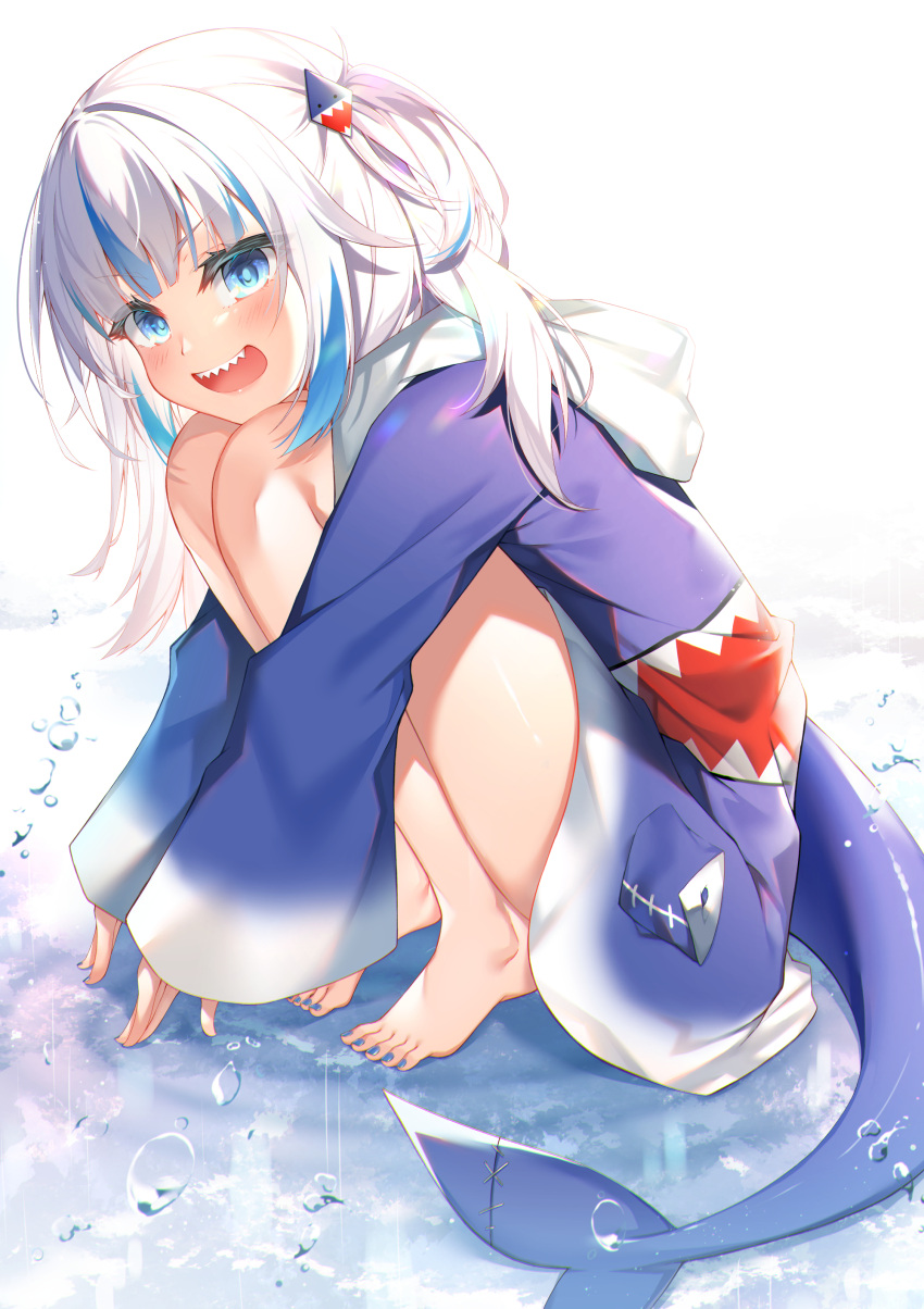 1girl :d absurdres bangs bare_legs barefoot blue_eyes blue_hair blue_hoodie blue_nails blush commentary english_commentary eyebrows_visible_through_hair fish_tail from_side full_body gawr_gura hair_ornament highres hololive hololive_english hood hood_down hoodie knees_on_chest long_hair long_sleeves looking_at_viewer looking_to_the_side multicolored_hair nail_polish one_side_up open_mouth shark_hair_ornament shark_tail sharp_teeth sleeves_past_wrists smile solo squatting streaked_hair tail takuro_(taku3949) teeth toenail_polish toenails upper_teeth v-shaped_eyebrows virtual_youtuber white_background white_hair wide_sleeves