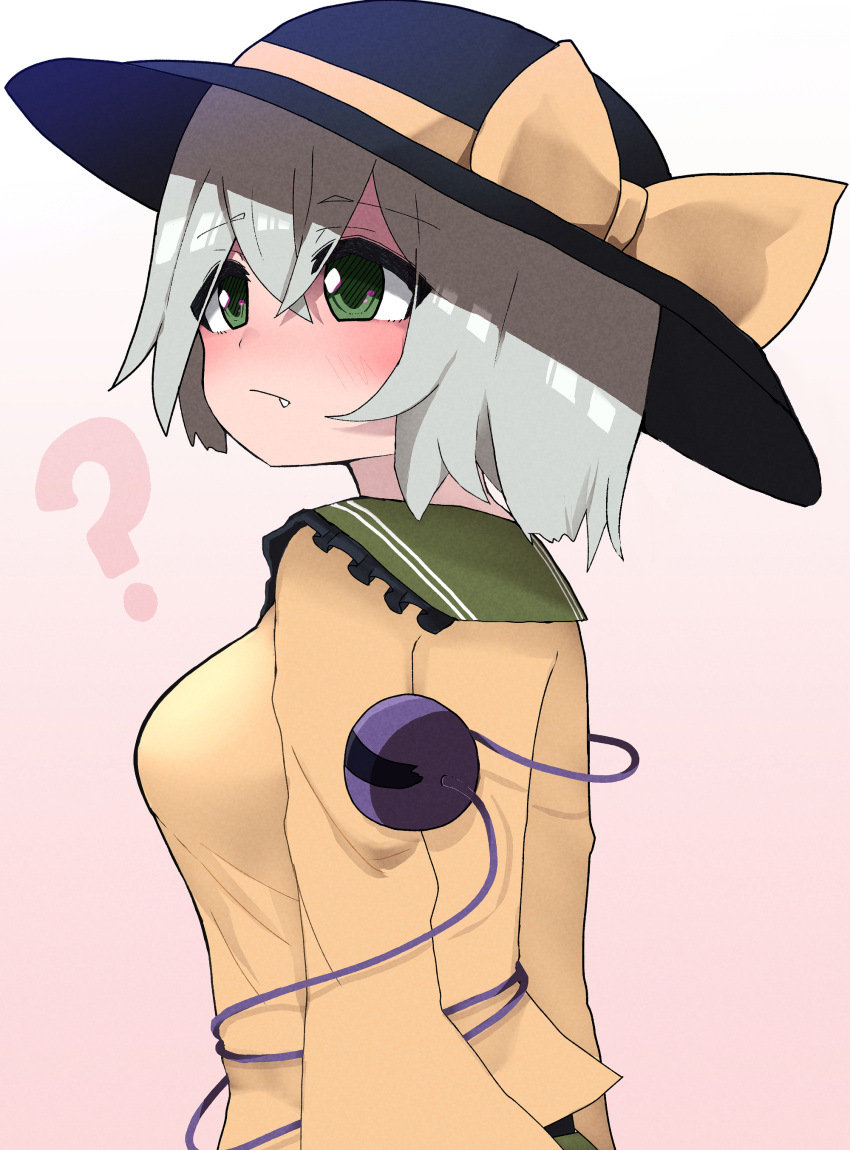 1girl ? absurdres bangs black_headwear blush bow breasts closed_mouth commentary_request expressionless eyeball eyebrows_visible_through_hair fang fang_out frilled_shirt_collar frills from_side gradient gradient_background green_eyes hair_between_eyes hat hat_bow highres komeiji_koishi light_green_hair long_sleeves looking_away looking_to_the_side medium_breasts nose_blush pink_background shirt short_hair simple_background solo third_eye topadori touhou upper_body yellow_bow yellow_shirt