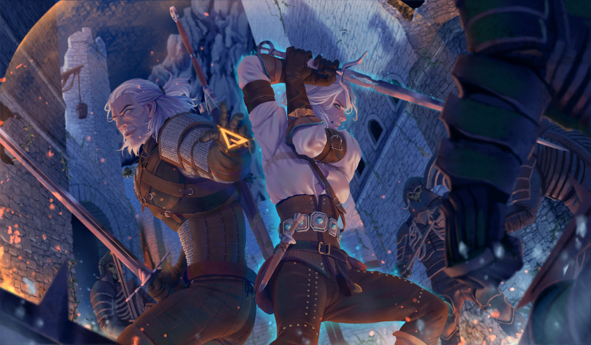 1girl 5boys armor bangs beard belt brown_gloves castle ciri commentary dagger english_commentary facial_hair fighting fighting_stance full_armor geralt_of_rivia gloves helmet highres holding holding_sword holding_weapon jewelry knife leather leather_gloves leather_pants lips looking_away looking_to_the_side magic multiple_boys open_mouth pants parted_lips ponytail scar scar_across_eye scar_on_forehead sheath sheathed shirt short_ponytail standing sword sword_behind_back teeth the_witcher_(series) weapon white_hair white_shirt whoareuu witcher_medallion yellow_eyes