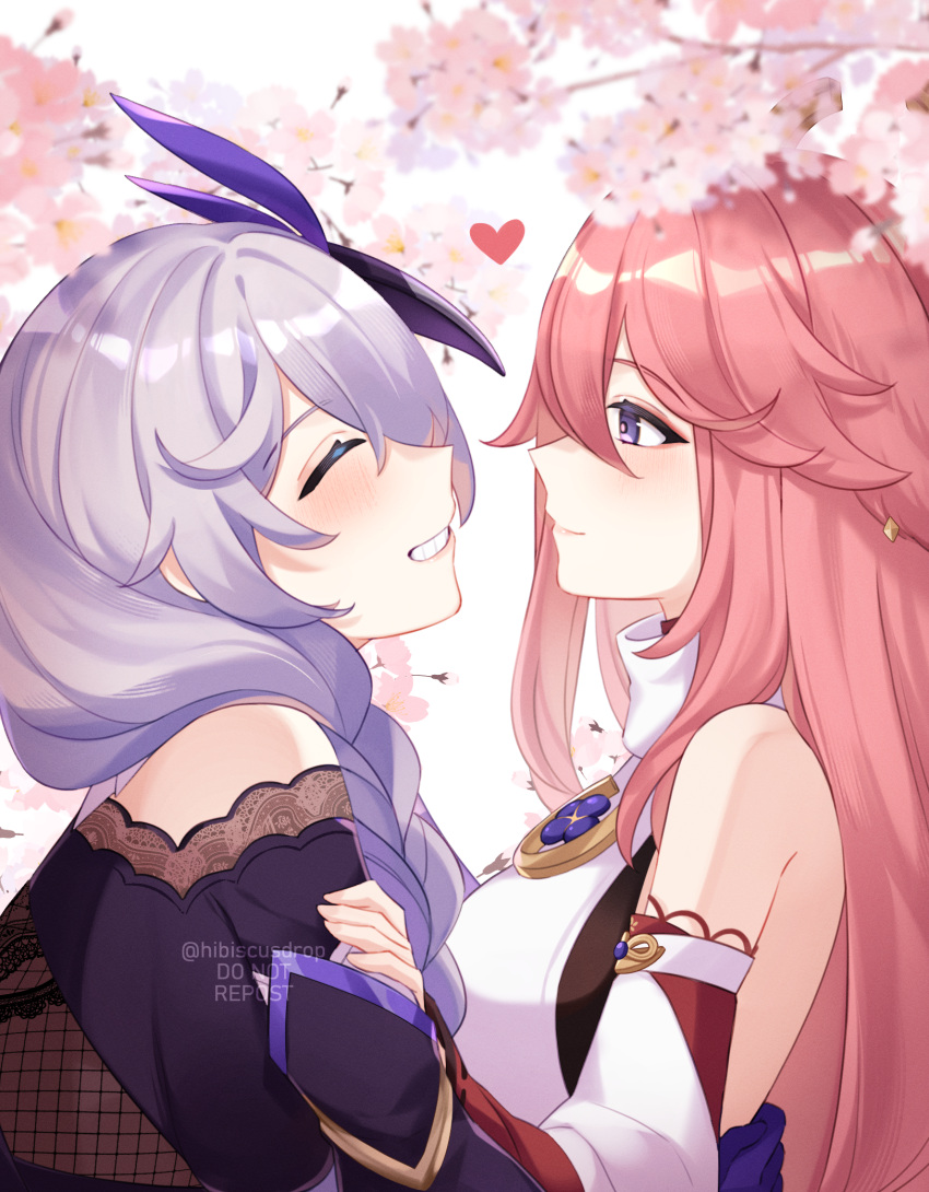 2girls :d ^_^ ^o^ animal_ears bangs braid cherry_blossoms closed_eyes commentary_request company_connection crossover detached_sleeves eyebrows_visible_through_hair fox_ears genshin_impact grin hair_between_eyes hair_ornament head_tilt heart highres honkai_(series) honkai_impact_3rd hug japanese_clothes kallen_kaslana long_hair looking_at_another low_ponytail mihoyo_technology_(shanghai)_co._ltd. multiple_girls open_mouth pink_hair purple_hair sidelocks single_braid smile tana_(tanabio) violet_eyes watermark wide_sleeves yae_miko yuri