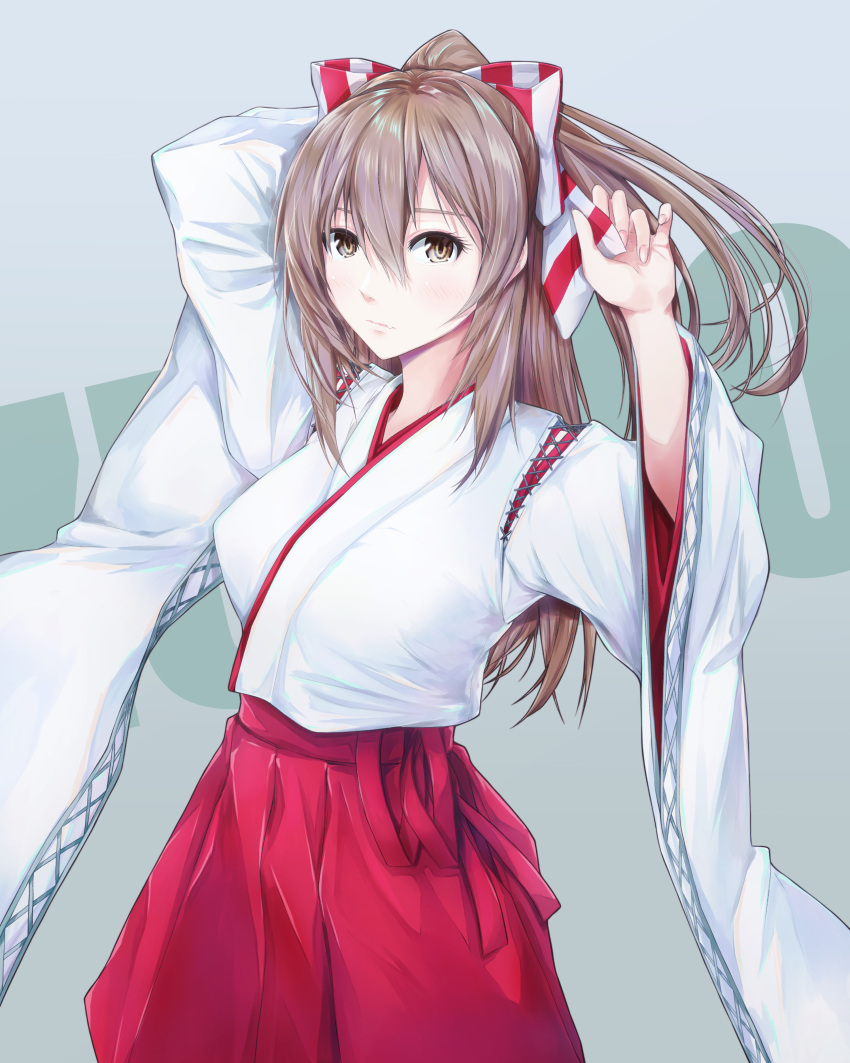 1girl absurdres breasts brown_hair hakama hakama_shorts high_ponytail highres japanese_clothes junk_life kantai_collection light_brown_hair long_hair muneate red_hakama shorts small_breasts solo upper_body wide_sleeves zuihou_(kancolle)