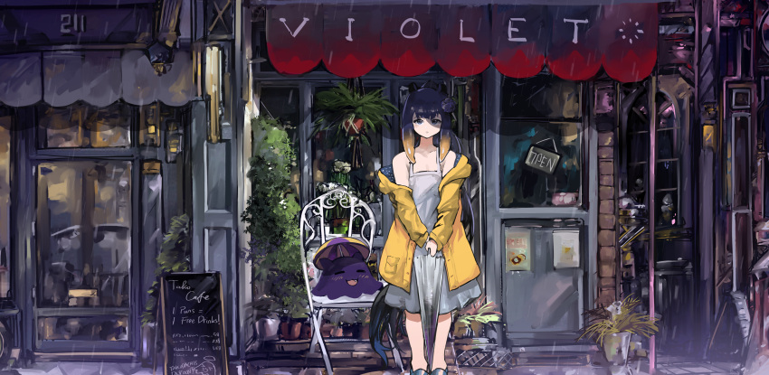 1girl :d absurdres blush chair closed_eyes dress fang highres hololive hololive_english long_hair long_sleeves looking_at_viewer menu_board ninomae_ina'nis off_shoulder open_mouth plant purple_hair rain sleeveless sleeveless_dress smile standing storefront tako_(ninomae_ina'nis) tentacle_hair transparent transparent_umbrella umbrella very_long_hair violet_(ninomae_ina'nis) violet_eyes virtual_youtuber vyragami white_dress yellow_raincoat