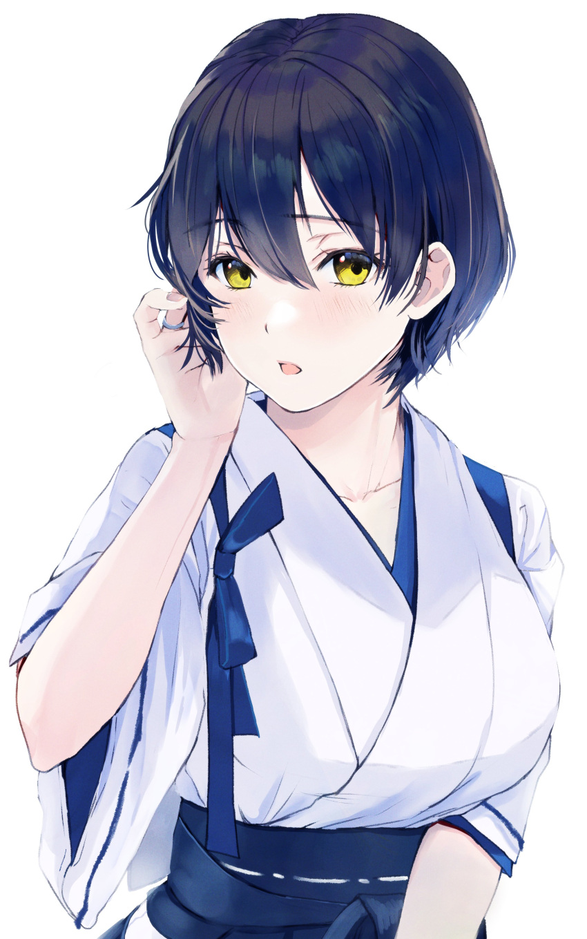 1girl absurdres alternate_hairstyle arm_up bangs black_hair blue_hakama blush breasts eyebrows_visible_through_hair hair_between_eyes hakama hand_on_own_cheek hand_on_own_face highres japanese_clothes jewelry kaga_(kancolle) kantai_collection kimono large_breasts looking_at_viewer magai_akashi open_mouth ring short_hair simple_background solo tasuki upper_body wedding_band white_background wide_sleeves yellow_eyes
