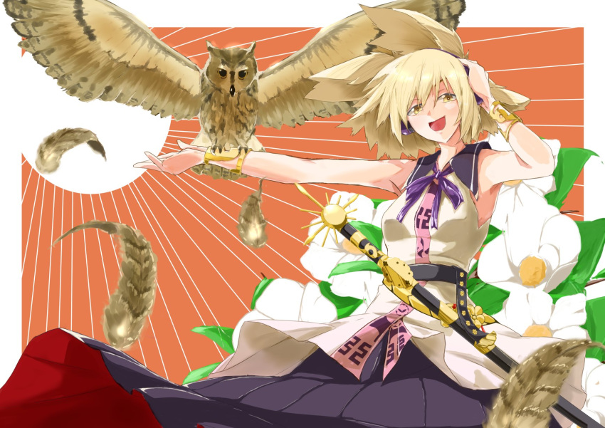 1girl armpits bird bird_on_hand black_sailor_collar blonde_hair breasts earmuffs feathered_wings feathers flower gold_bracelet hair_between_eyes highres large_breasts looking_at_viewer medium_hair mr._pepe_r open_mouth owl pointy_hair purple_ribbon purple_skirt ribbon sailor_collar sheath shirt skirt sleeveless sleeveless_shirt solo sword touhou toyosatomimi_no_miko weapon white_flower white_shirt wings yellow_eyes