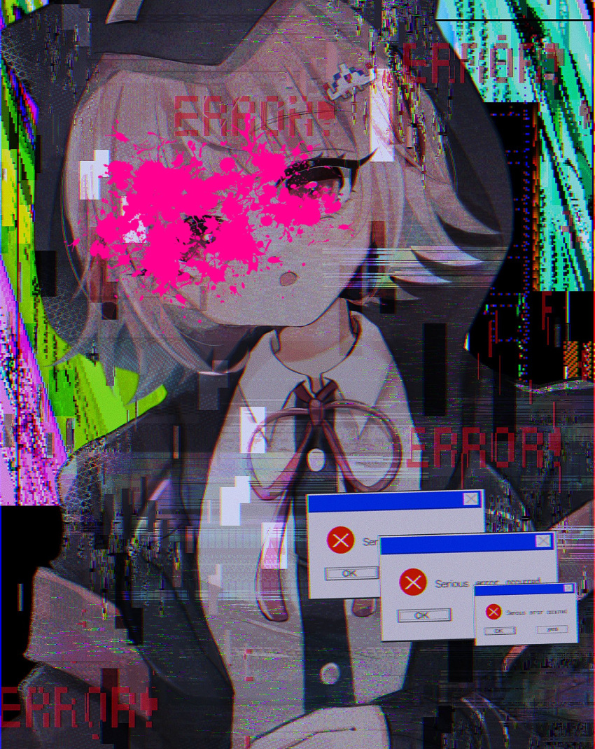 1girl :o animal_hood backpack bag bangs black_jacket black_shirt blood blunt_bangs cat_hood collared_shirt commentary_request dangan_ronpa_(series) dangan_ronpa_2:_goodbye_despair dress_shirt error_message eyebrows_visible_through_hair galaga glitch hair_ornament hairclip highres hood hood_up jacket kanata_(tanakani39) long_sleeves medium_hair nanami_chiaki neck_ribbon open_clothes open_jacket pink_blood pink_eyes pink_hair red_ribbon ribbon shirt simple_background solo two-tone_shirt upper_body white_background white_shirt