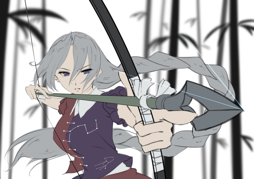 1girl arrow_(projectile) asymmetrical_clothes bamboo bamboo_forest blue_dress blue_eyes bow_(weapon) breasts commentary constellation_print dress forest hair_between_eyes headwear_removed highres large_breasts long_hair nature otomeza_ryuseigun red_dress silver_hair solo touhou weapon yagokoro_eirin