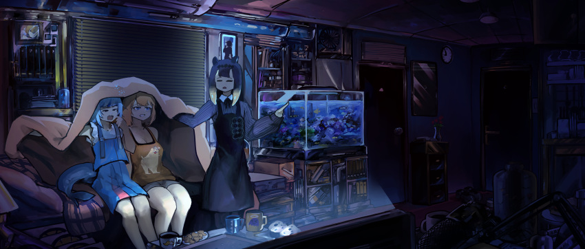 3girls absurdres air_conditioner blanket blinds blonde_hair blue_eyes blue_hair bottle bubba_(watson_amelia) bug character_print clock closed_eyes coffee_mug cookie cup door fish_tail fish_tank food gawr_gura grin headpiece highres hololive hololive_english indoors long_hair long_sleeves microphone mug multiple_girls mustache_print ninomae_ina'nis on_bed portrait purple_hair shark_tail shirt shoes shoes_removed sitting sitting_on_bed skirt skirt_set sleeveless sleeveless_shirt smile spider standing tail tako_(ninomae_ina'nis) tentacle_hair virtual_youtuber vyragami wall_clock watson_amelia yawning