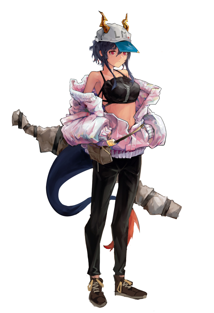 1girl absurdres arknights bandeau bare_shoulders baseball_cap black_bandeau black_pants blue_hair blue_headwear brown_footwear ch'en_(arknights) closed_mouth commentary dragon_horns dragon_tail expressionless female_tourist_c_(arknights) full_body hands_in_pockets hat highres horns horns_through_headwear jacket jumbowhopper long_hair long_sleeves midriff off_shoulder pants partially_unzipped pink_jacket red_eyes shoes sidelocks simple_background solo standing sword tail weapon weapon_on_back white_background white_headwear