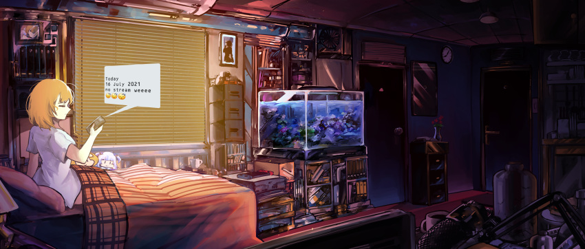 absurdres bed blinds blonde_hair cabinet cellphone character_doll clock closed_eyes coffee_mug cup door english_text fish_tank gawr_gura highres hololive hololive_english indoors medium_hair microphone mug nintendo_switch on_bed phone portrait_(object) room virtual_youtuber vyragami walfie_(style) wall_clock watson_amelia