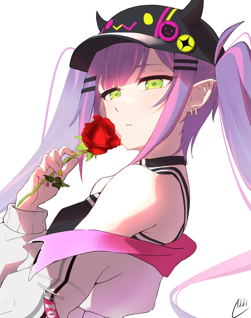 1girl absurdres akihito_(akihitodraws) bare_shoulders baseball_cap black_headwear black_tank_top commentary cropped_jacket ear_piercing english_commentary fake_horns flower from_side green_eyes hair_ornament hairclip hat highres holding holding_flower hololive horned_headwear horns industrial_piercing jacket long_hair long_sleeves looking_at_viewer multicolored_hair parted_lips piercing pink_hair pointy_ears purple_hair red_flower red_rose rose sidelocks signature solo streaked_hair tank_top tokoyami_towa upper_body virtual_youtuber white_jacket