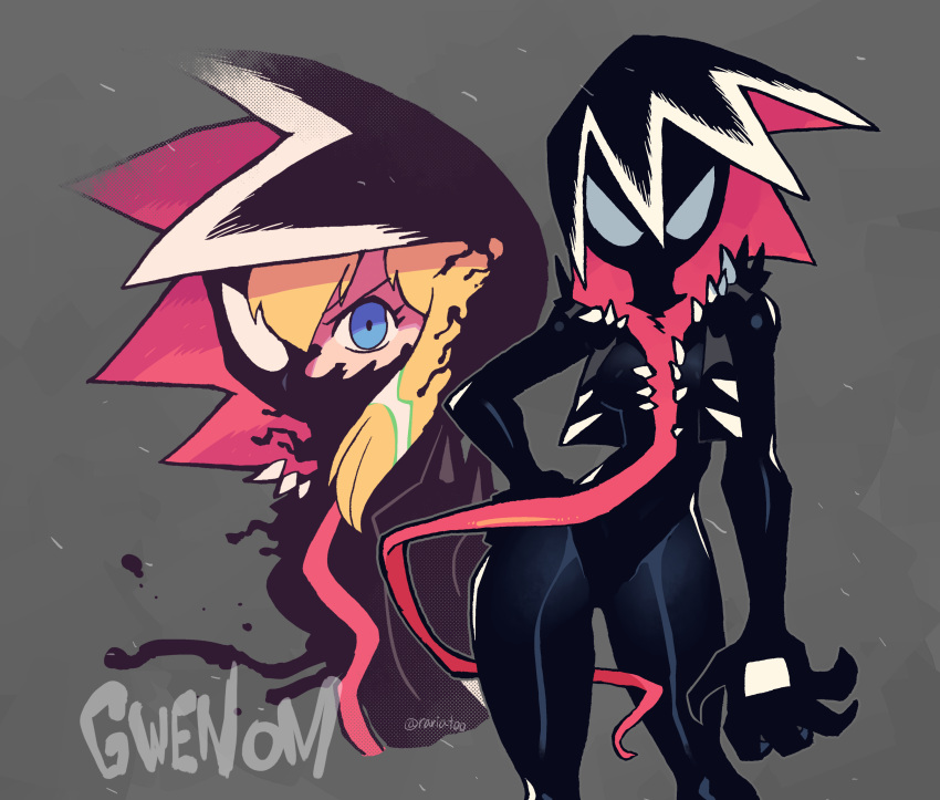 1girl absurdres black_bodysuit blonde_hair blue_eyes bodysuit claws contrapposto gwen_stacy half_mask hand_on_hip highres long_tongue looking_at_viewer marvel mask multiple_views projected_inset rariatto_(ganguri) she-venom signature spider-man_(series) spiky_hair symbiote tongue very_long_tongue