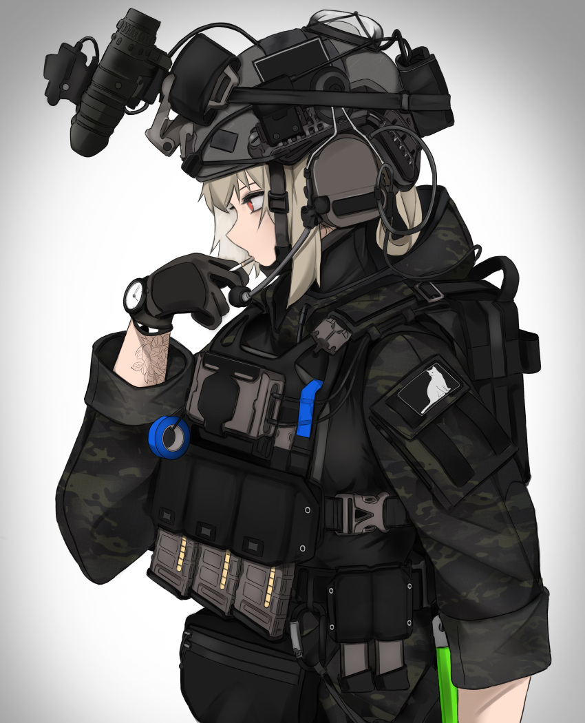 1girl absurdres backpack bag bulletproof_vest camouflage_print candy cat cigarette_candy emblem fanny_pack food gloves helmet highres magazine_(weapon) military military_operator night_vision_device original pz-15 solo tactical_clothes tattoo watch watch