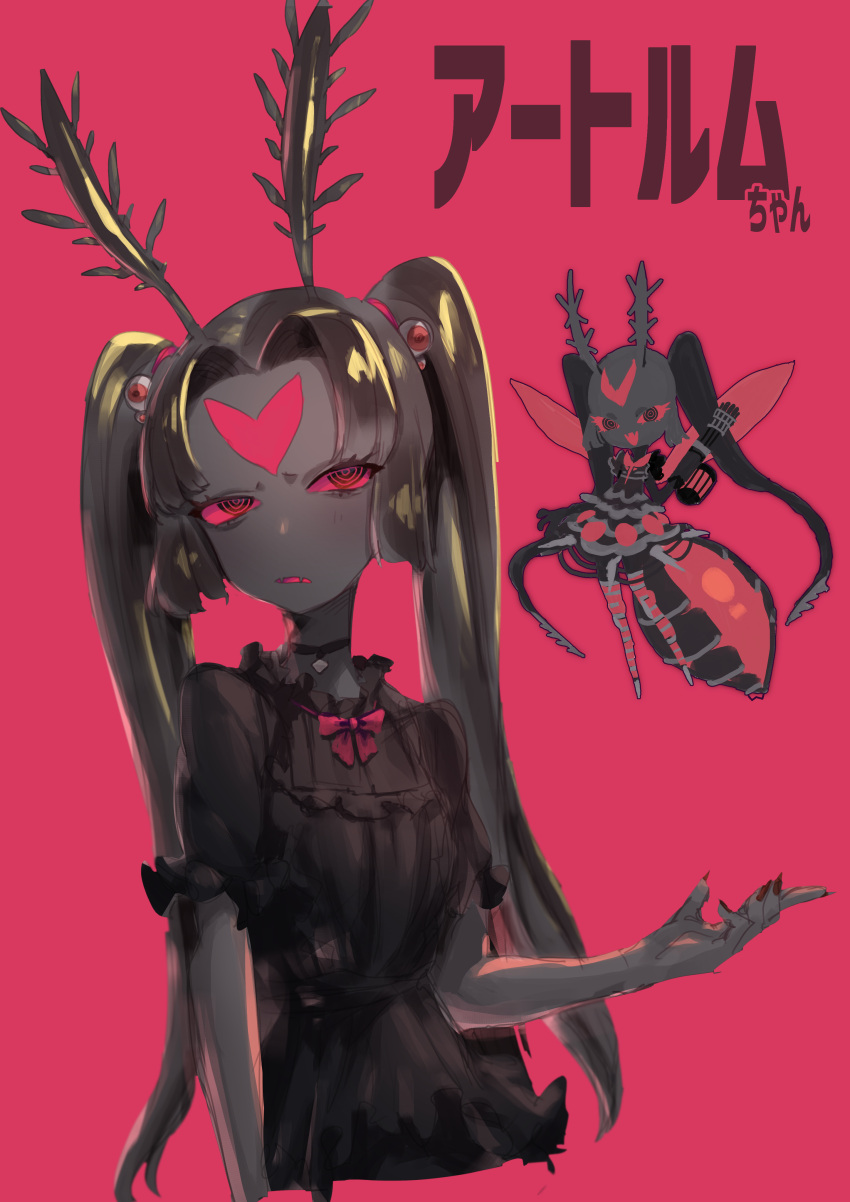 1girl absurdres antennae arthropod_girl bangs black_dress blonde_hair bow bowtie colored_skin dress facial_mark fangs forehead_mark grey_skin hand_up highres long_hair looking_at_viewer moth_girl okame_nin original parted_bangs parted_lips pink_bow pink_neckwear solo twintails upper_body