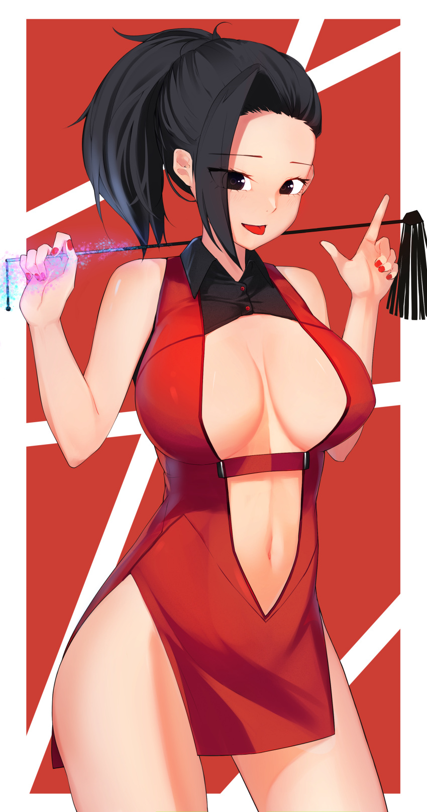 1girl absurdres bangko bangs bare_arms bare_shoulders black_eyes black_hair boku_no_hero_academia breasts center_opening cowboy_shot dress hand_up highres holding index_finger_raised large_breasts long_hair looking_at_viewer magic no_bra ponytail red_background red_dress red_nails smile solo tongue tongue_out white_background yaoyorozu_momo