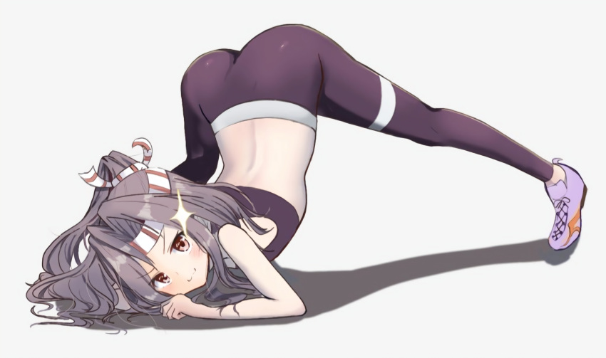 1girl :3 alternate_costume ass bangs chasen_mage full_body grey_background grey_hair hachimaki headband highres jack-o'_challenge kantai_collection long_hair looking_at_viewer pants pink_footwear ponytail red_eyes shadow shoes simple_background sneakers solo sparkle sports_bra top-down_bottom-up yoga_pants zuihou_(kancolle)