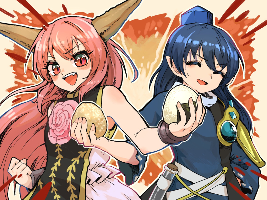 2girls armor blue_hair clenched_hand closed_eyes cuffs dress eyebrows_visible_through_hair fang food gold_trim hair_between_eyes hat highres horns howhow_notei ibaraki_douji_(touhou) iizunamaru_megumu long_hair long_sleeves multiple_girls oni oni_horns onigiri open_mouth pink_hair red_eyes shiny shiny_hair shoulder_armor sleeveless sleeveless_coat sleeveless_dress slit_pupils tabard test_tube tokin_hat touhou